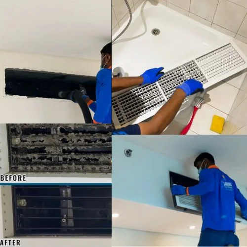 Samra Facilities technician cleaning AC ducts in a Dubai property