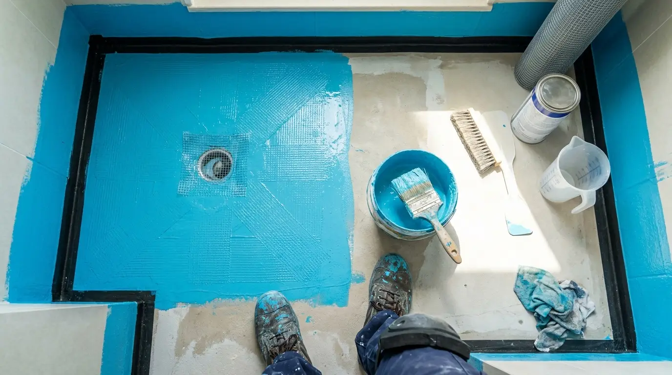 Bathroom floor waterproofing applied before tiling