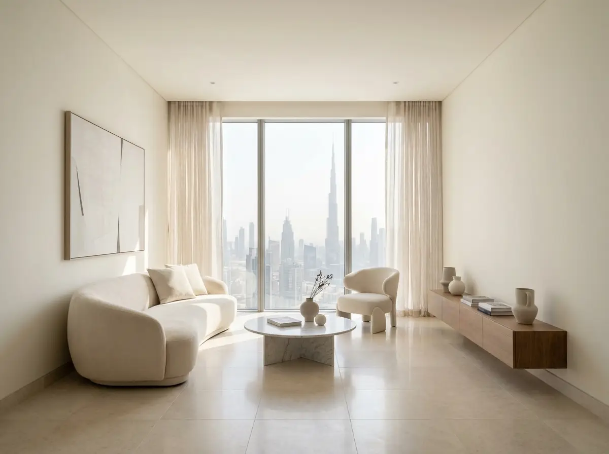Freshly painted apartment living room in Dubai with walls and ceiling in one uniform finish