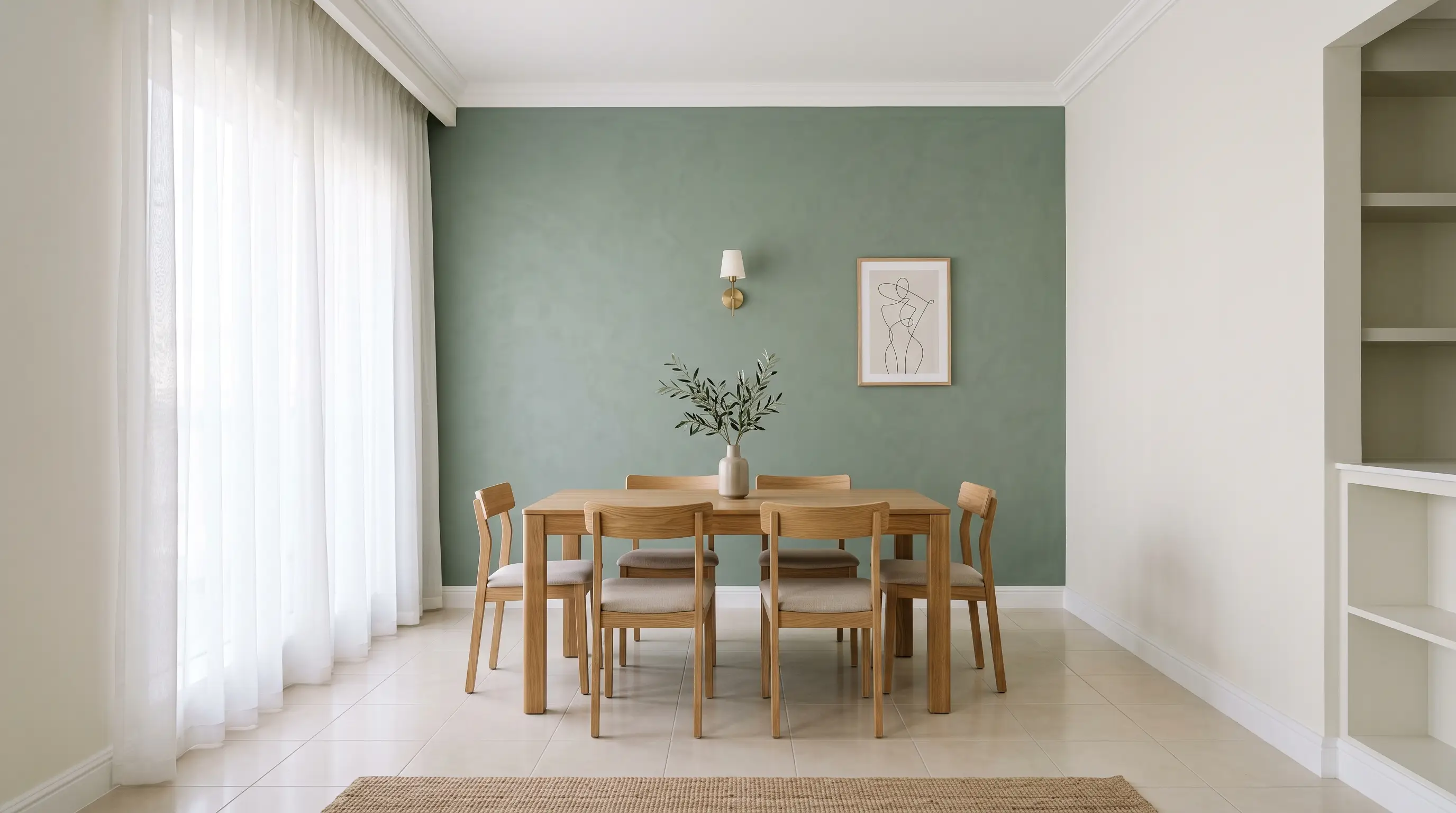 Dining area repainted in a warm neutral, cut in cleanly against the ceiling line