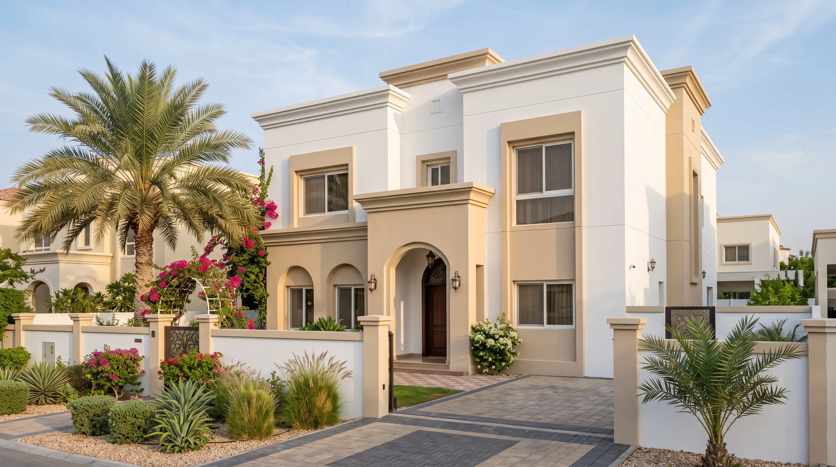 Dubai villa after a full repaint, exterior walls and trim finished in contrasting tones