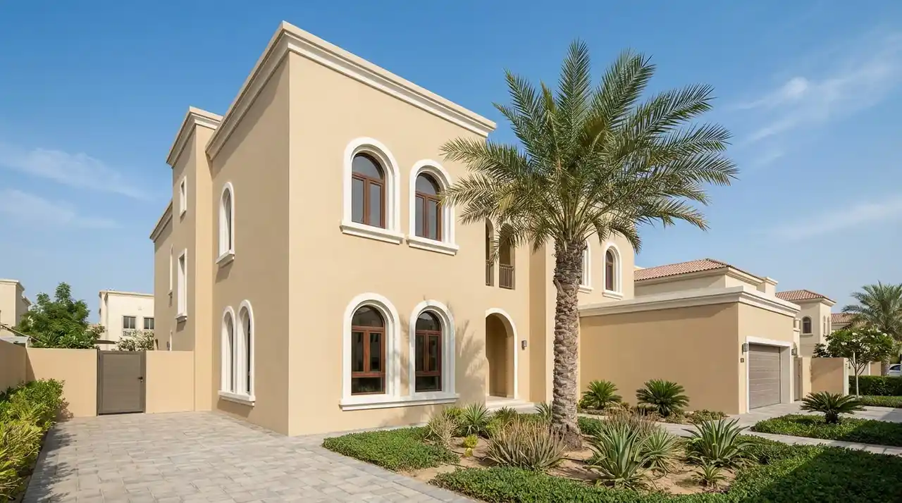 Villa exterior in Dubai repainted after render repair and crack filling
