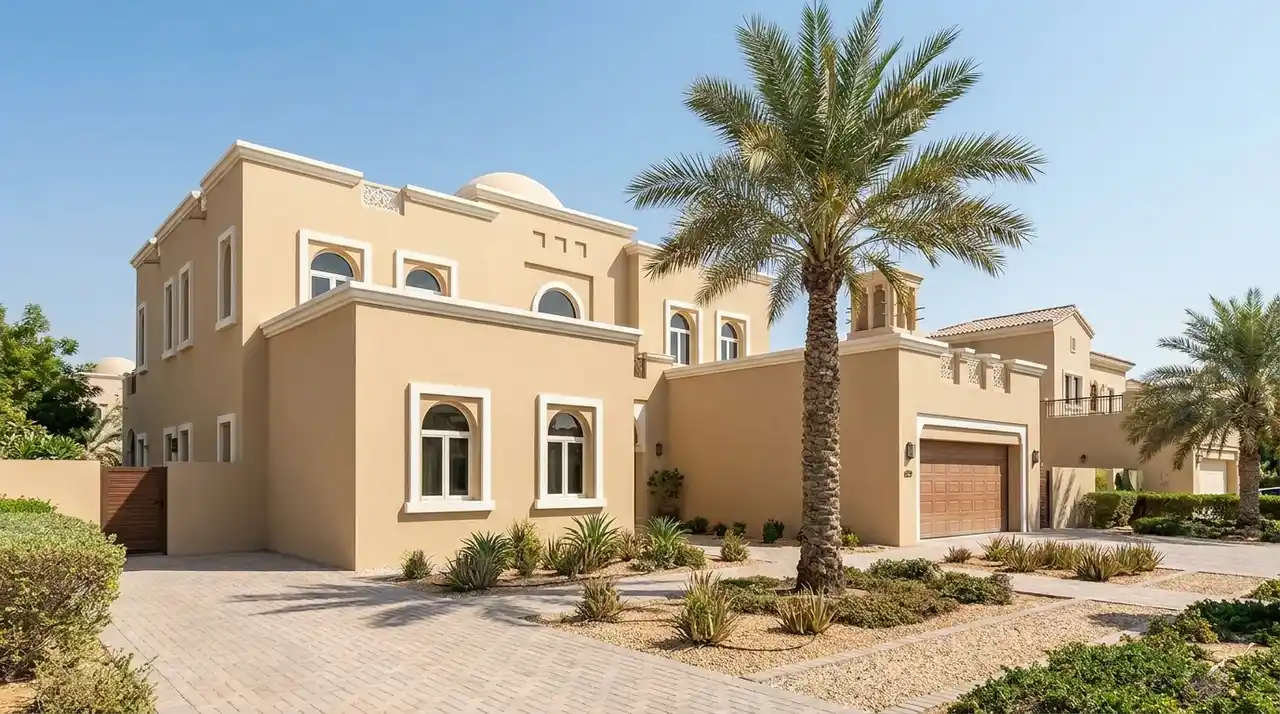 Two-storey villa exterior in Dubai repainted using tower access