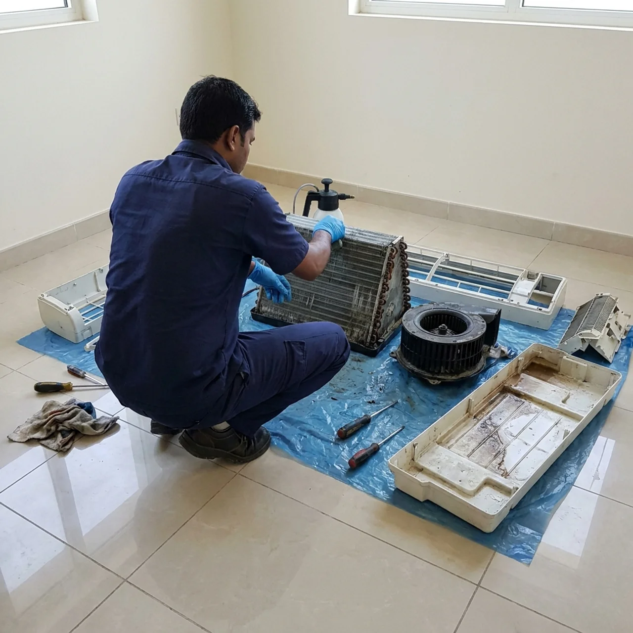 AC coil cleaning by Samra Facilities in Dubai