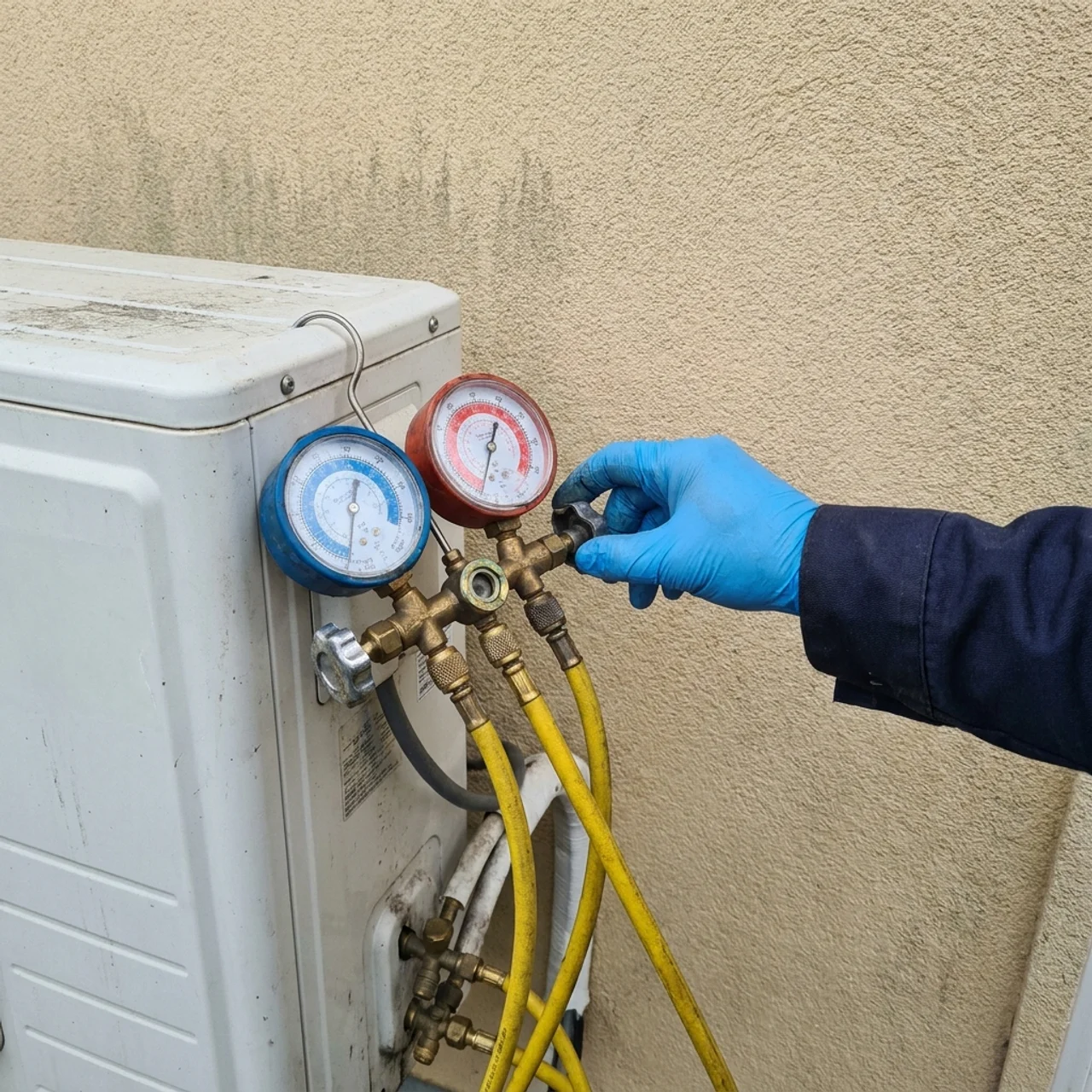 Samra Facilities technician gauging refrigerant pressure on an AC system in Dubai