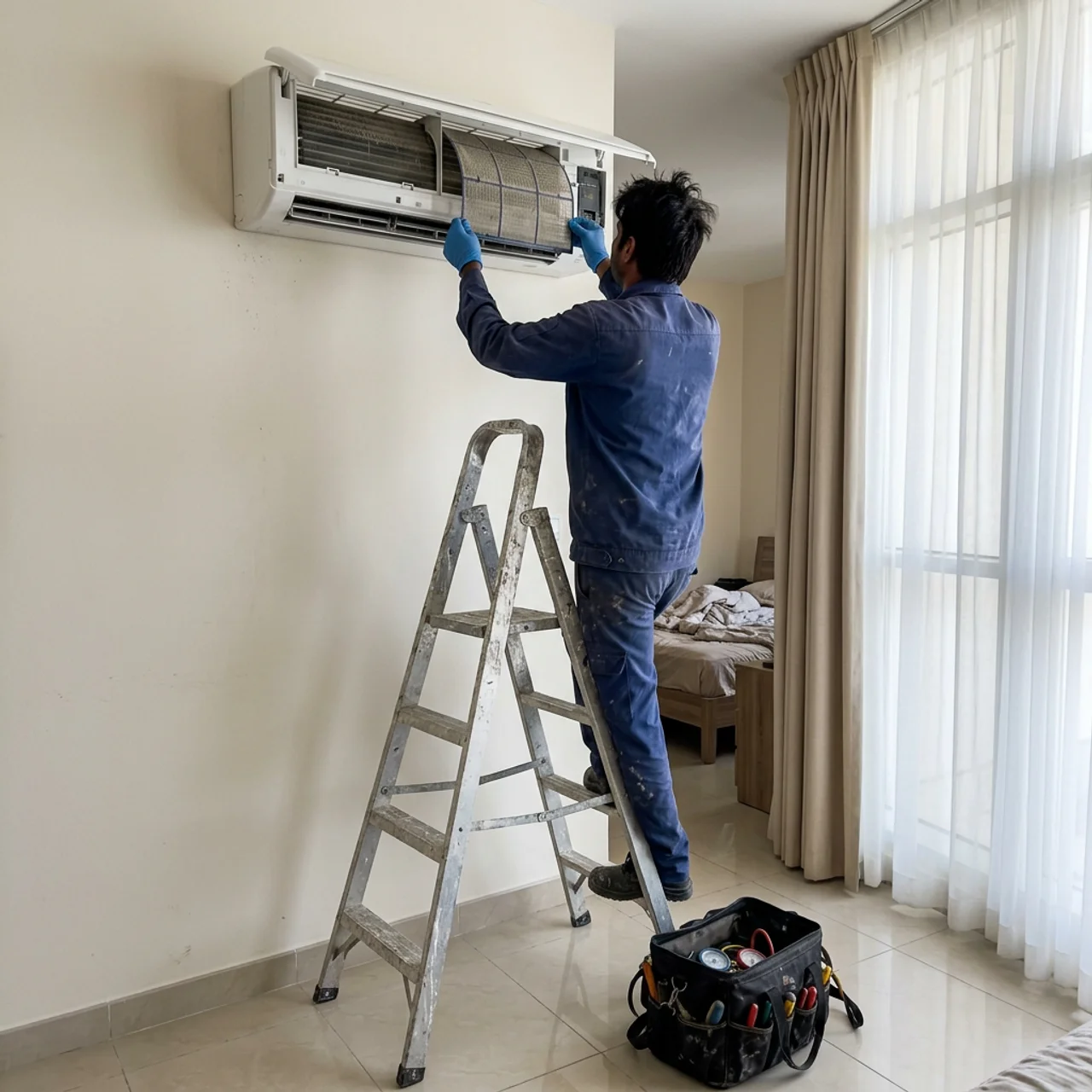 AC inspection revealing dirt build-up by Samra Facilities in Dubai