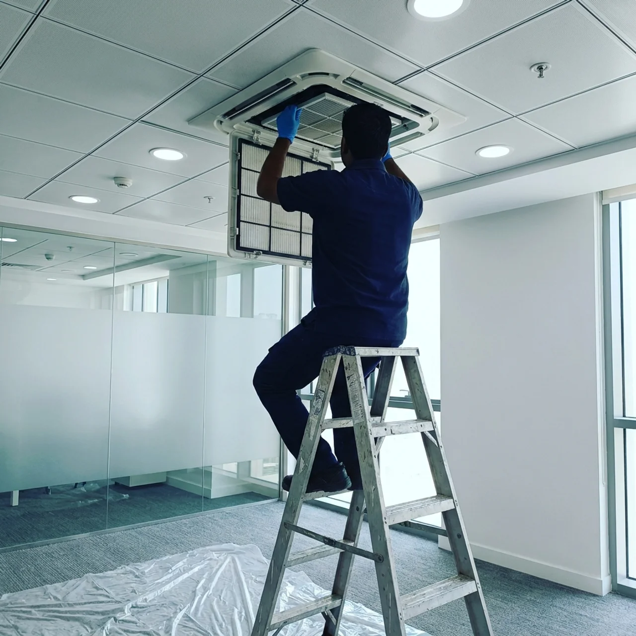 Samra Facilities technician servicing a residential AC unit in Dubai