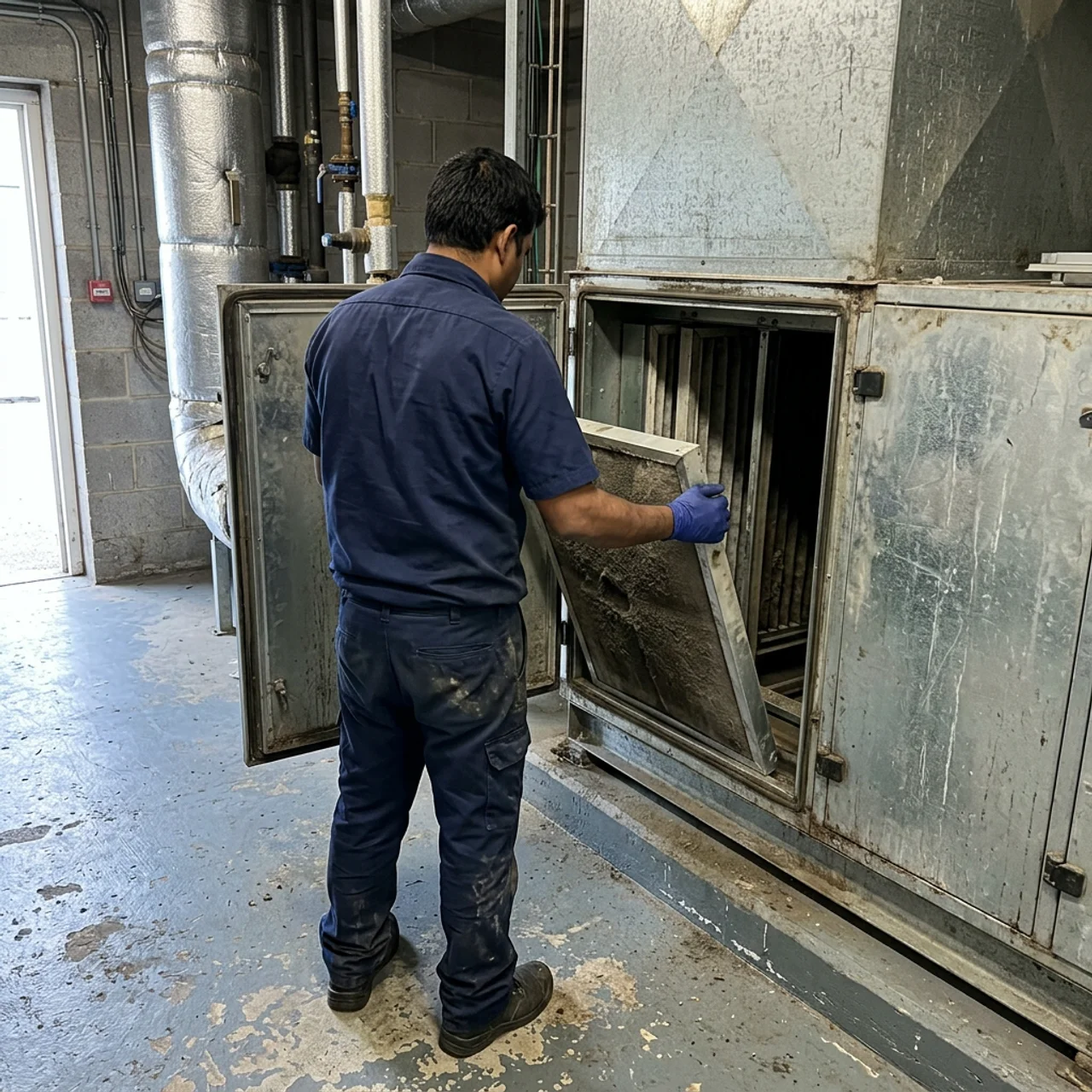 Samra Facilities technician servicing an AHU coil in a Dubai commercial building