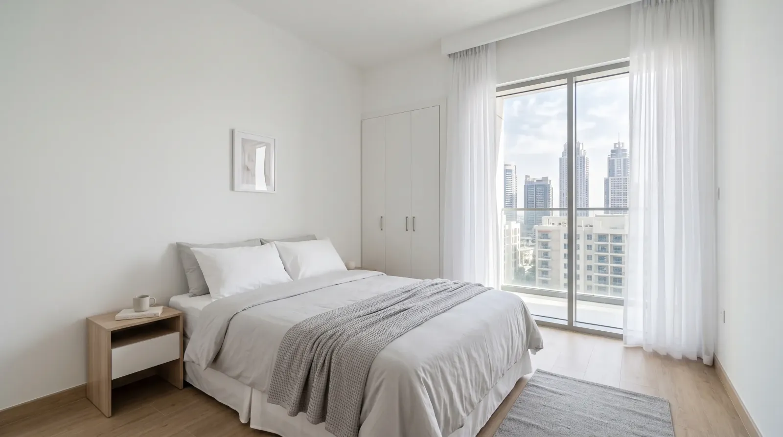 Dubai apartment bedroom repainted with skirtings and window frame cut in by brush