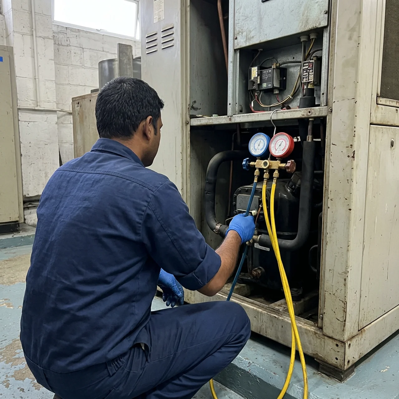 Large chiller compressor repair by Samra Facilities in Dubai