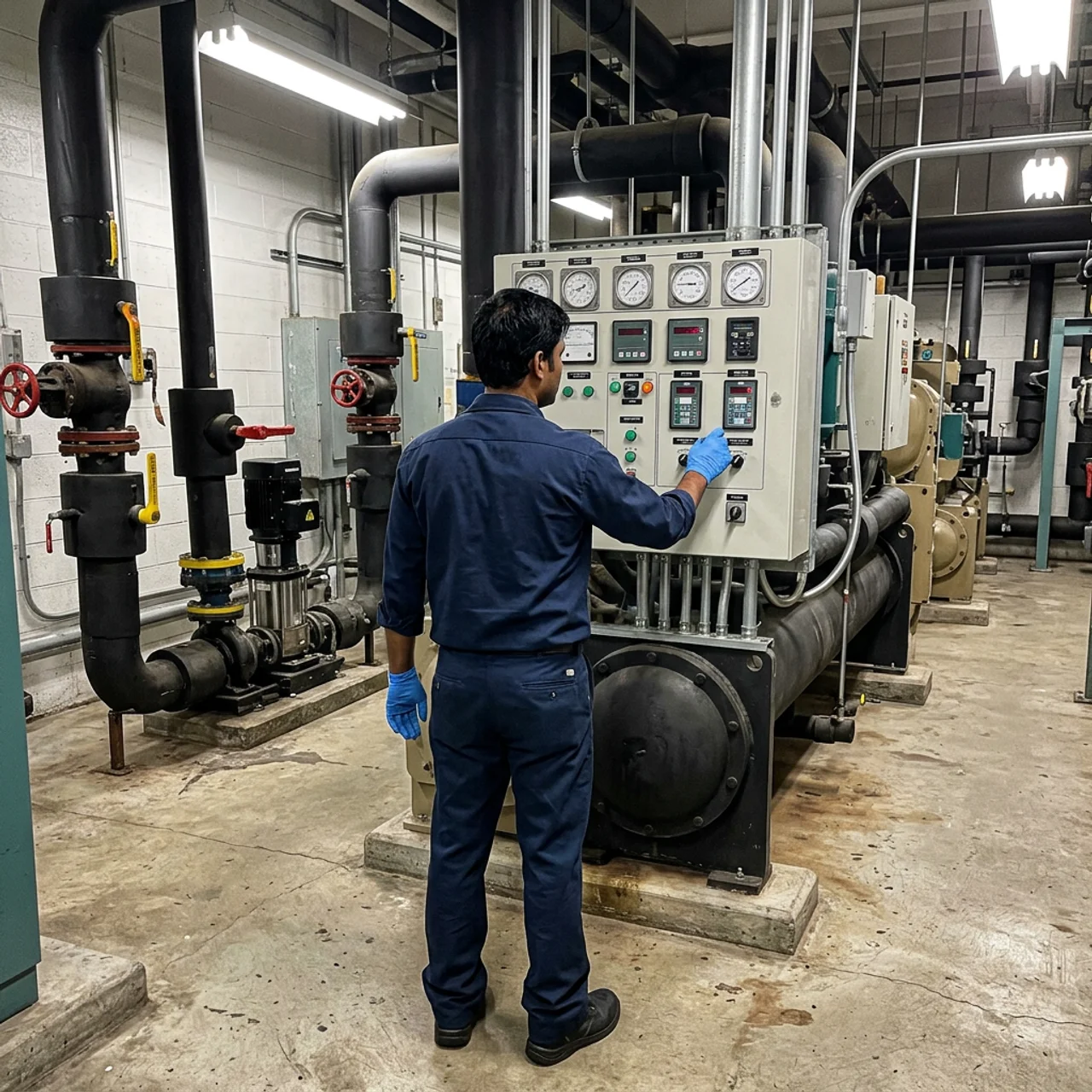 Samra Facilities engineer servicing a commercial chiller plant in Dubai