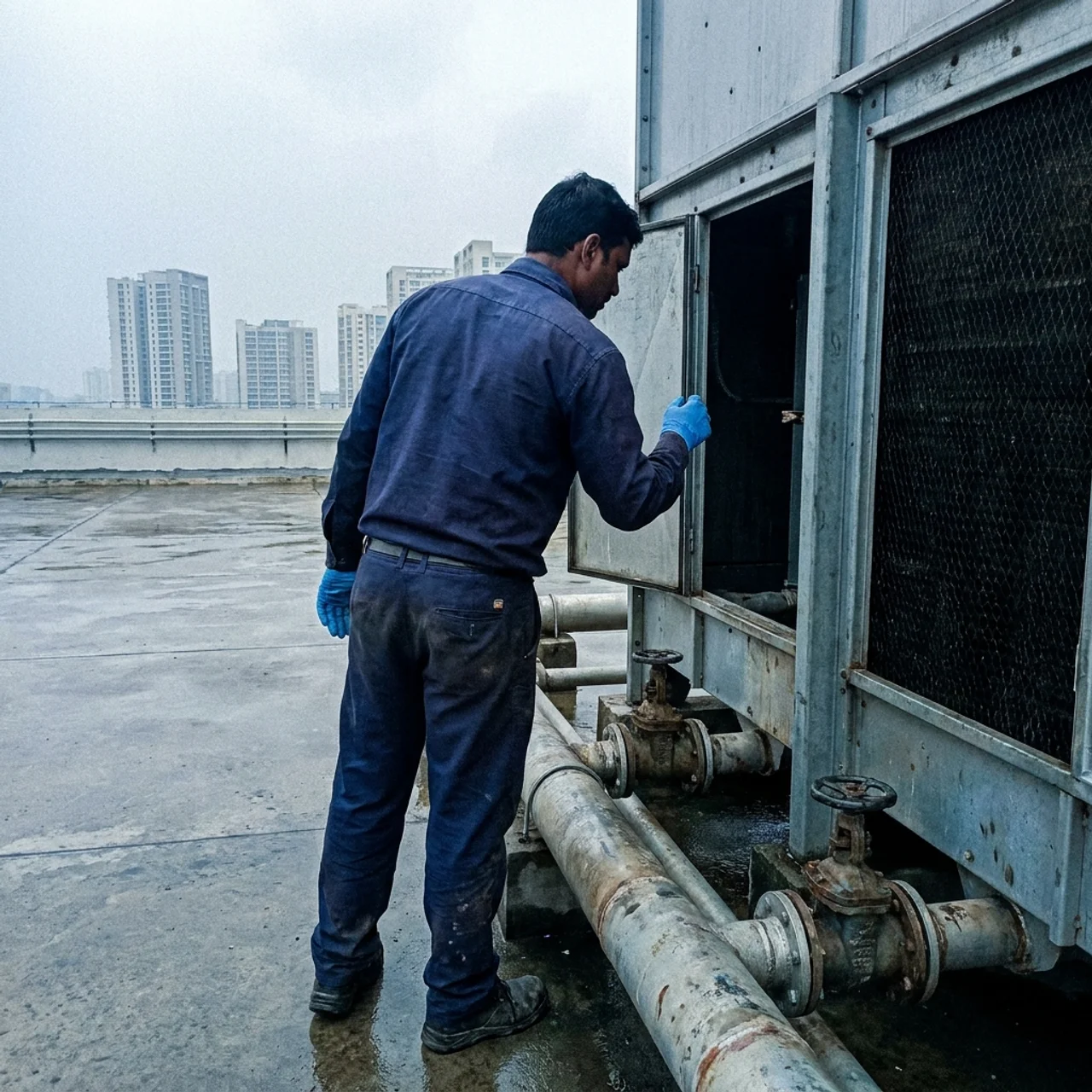 Samra Facilities technician inspecting a cooling tower in Dubai