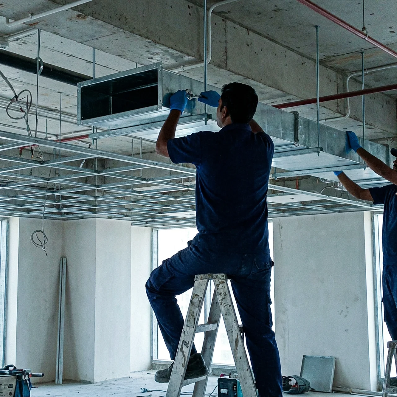 Samra Facilities crew installing galvanised ductwork in a Dubai office fit-out