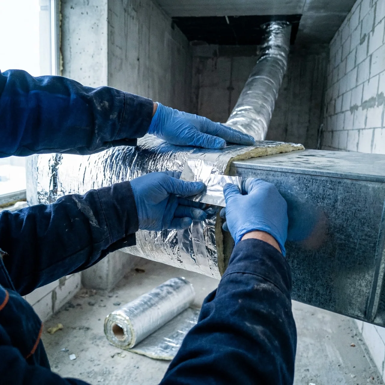 Samra Facilities team installing duct insulation in Dubai