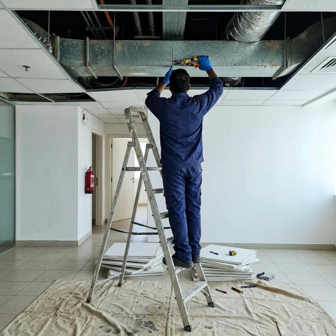 Samra Facilities crew re-routing ductwork during a Dubai office fit-out