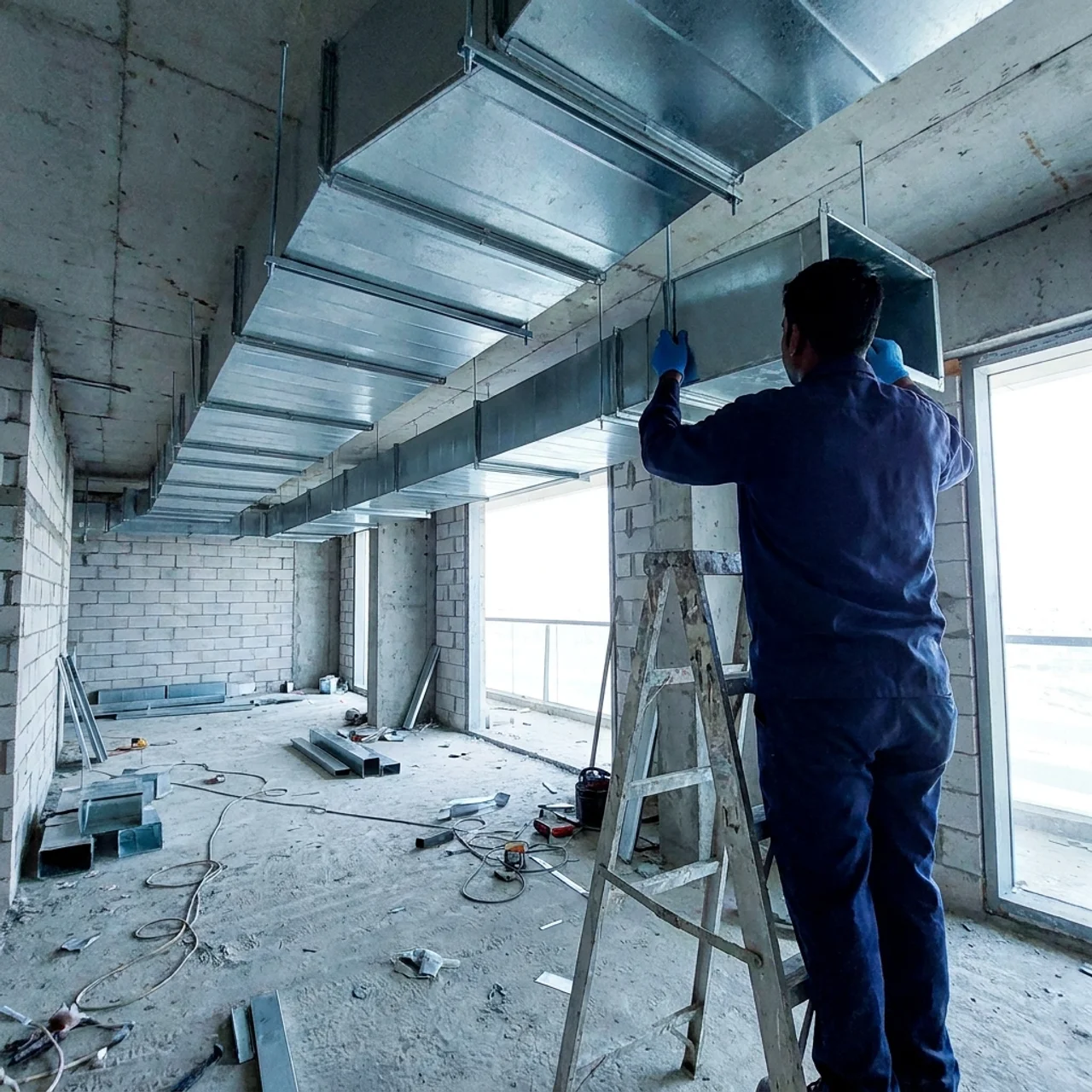Samra Facilities technician installing fabricated ducting in a Dubai apartment