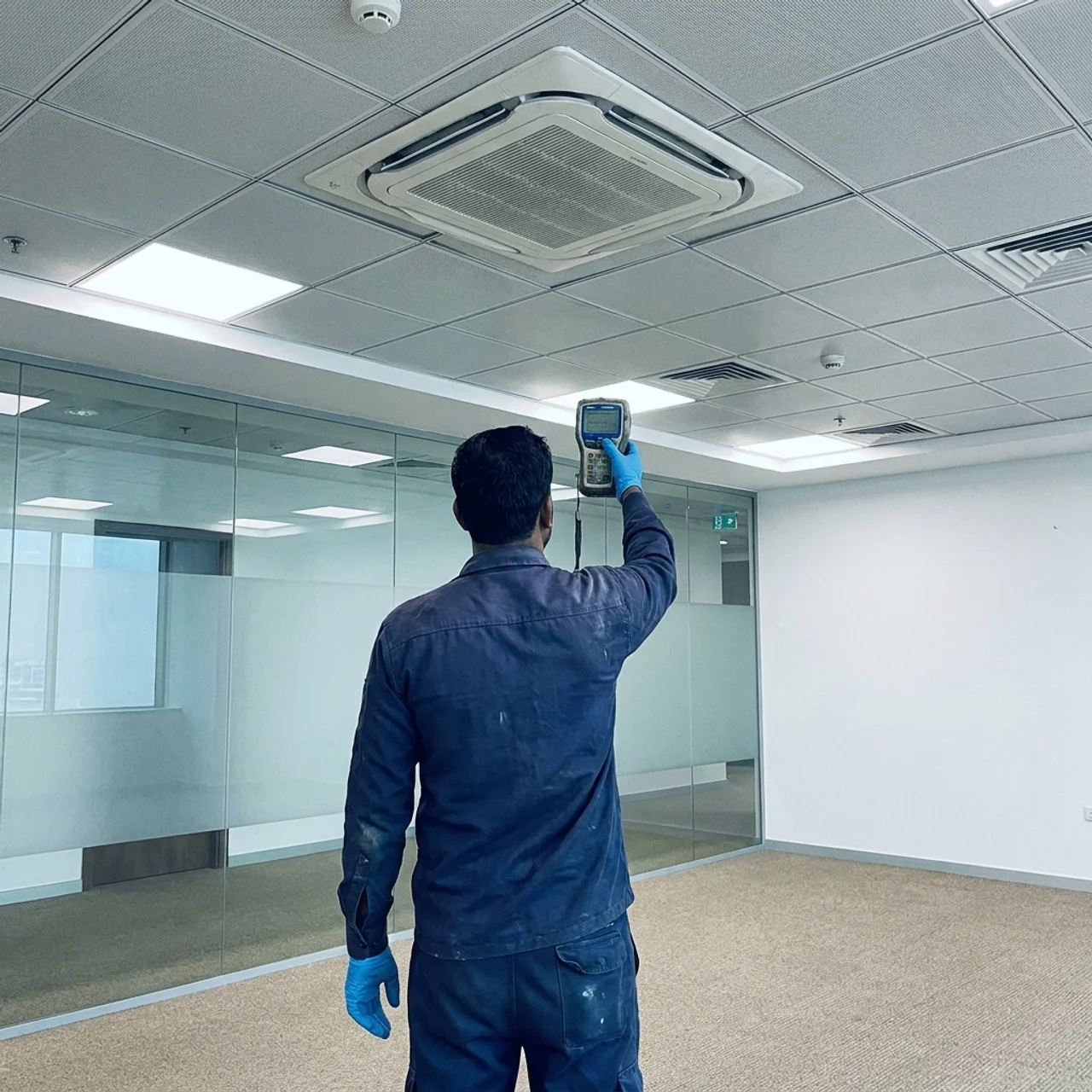 Samra Facilities engineer measuring indoor air quality in a Dubai office