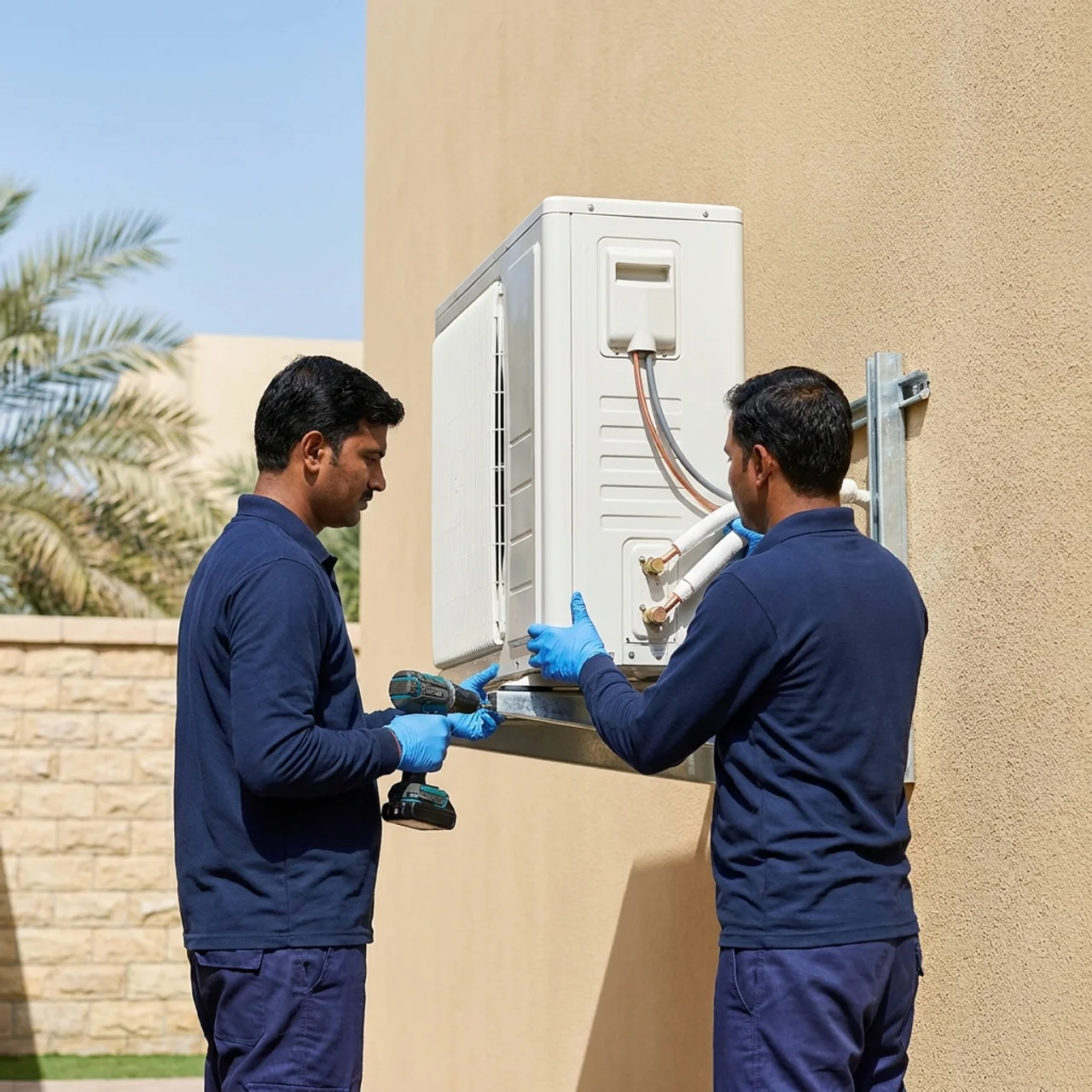 Samra Facilities technicians installing a new split AC in a Dubai apartment