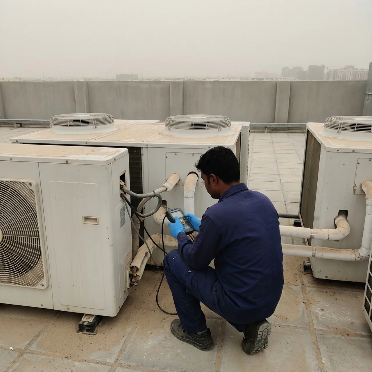 Samra Facilities engineer commissioning a VRF outdoor unit on a Dubai rooftop